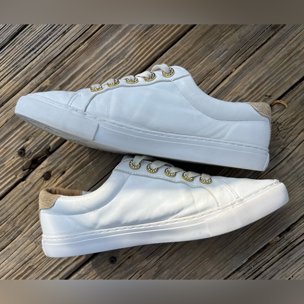 Lilly Pulitzer Lux Hallie Sneakers Rhinestones Leather Resort White Gold Sz 9.5